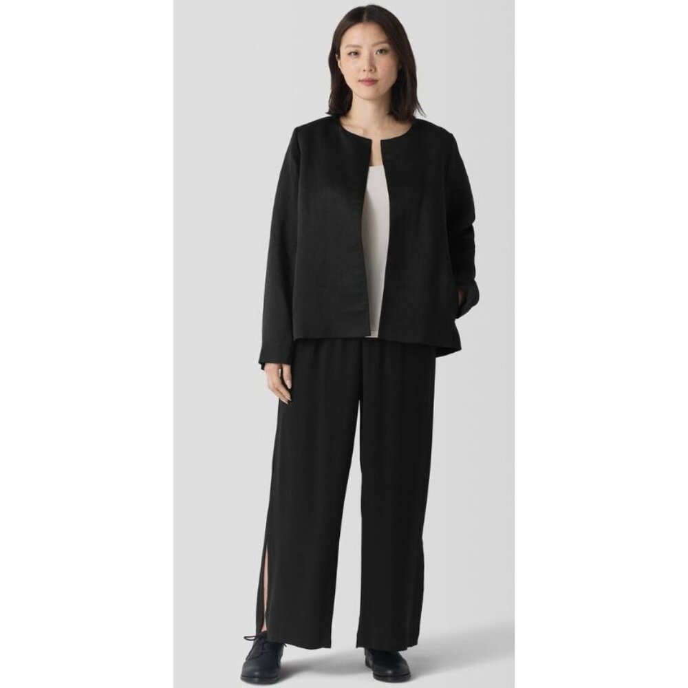 NWT Eileen Fisher Linen Silk Satin Round Neck Jacket Black Sz PM $298 [jb] - Picture 6 of 12